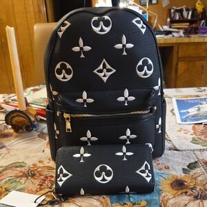 Black and White Patterned Backpack and Wallet Set